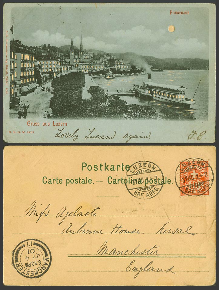Hold To The Light Swiss 10c 1901 Old Postcard Gruss aus Luzern Promenade Lucerne
