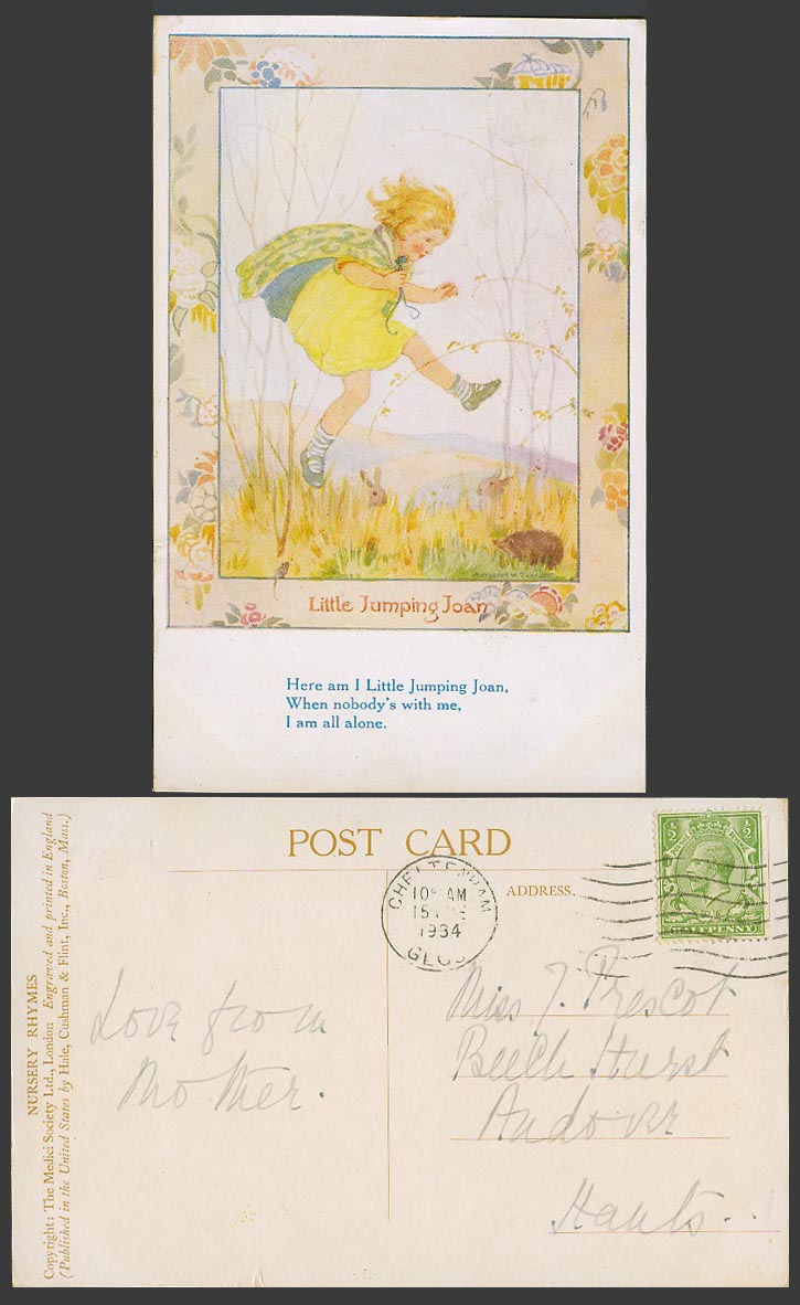 Margaret W Tarrant 1934 Old Postcard Little Jumping Joan Nursery Rhymes Hedgehog