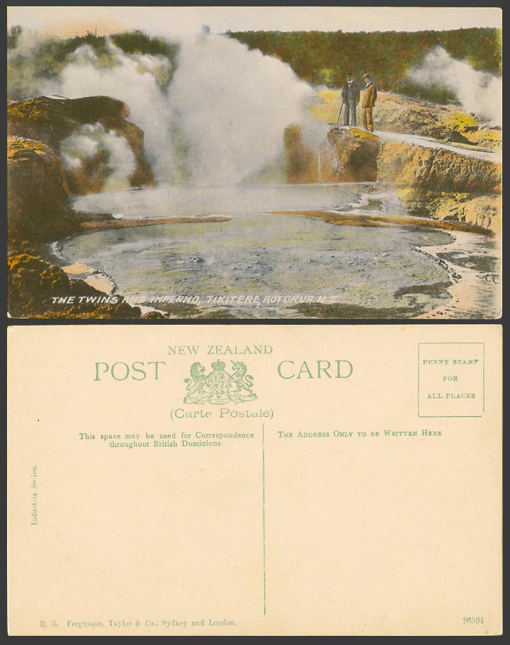 New Zealand Old Colour Postcard The Twins and Inferno Tikitere Rotorua Steam Men