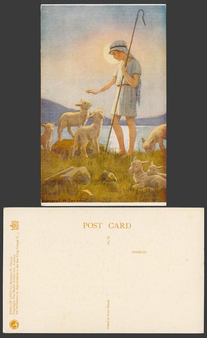Margaret W. Tarrant Old Postcard King of Love Shepherd Boy & Lambs Sheep by Lake