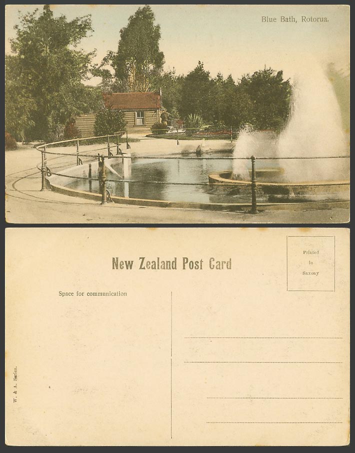 New Zealand Old Colour Hand Tinted Postcard Blue Bath Rotorua Fountain House Hut