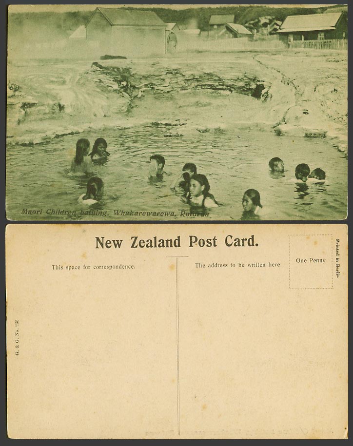 New Zealand Old Postcard Whakarewarewa, Maori Children Bathing Rotorua, Hot Pool