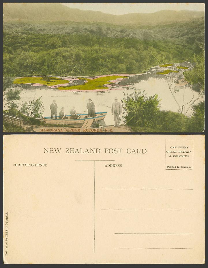 New Zealand Old H. Tinted Postcard Hamurana Stream Rotorua River Scene, Men Boat
