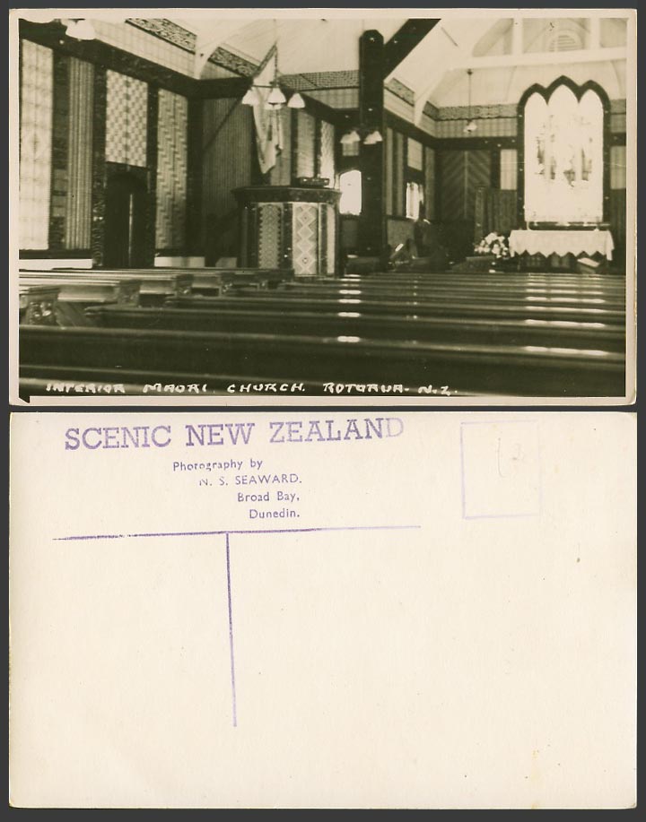 New Zealand Old Real Photo Postcard Interior of Maori Church Ohinemutu Rotorua