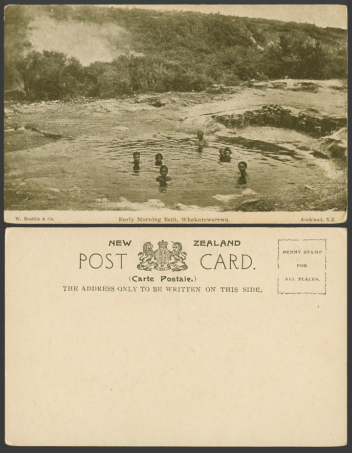 New Zealand Old Postcard Whakarewarewa, Early Morning Bath in Hot Spring Rotorua