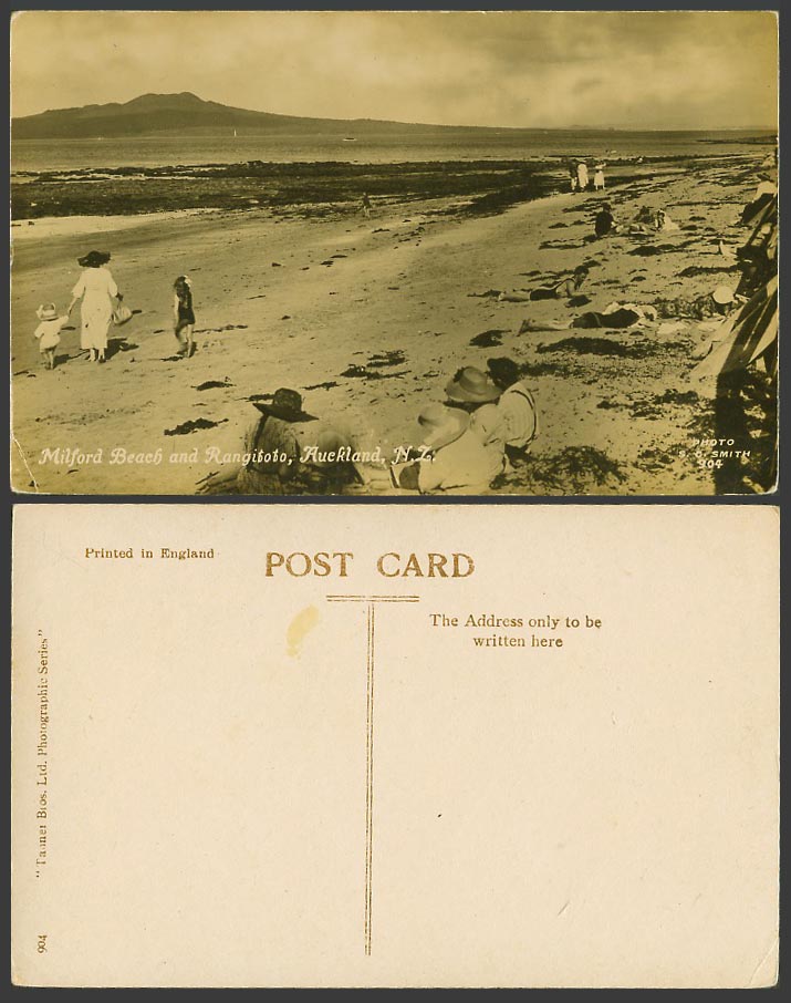 New Zealand Old Real Photo Postcard Milford Beach and Rangitoto Island, Auckland