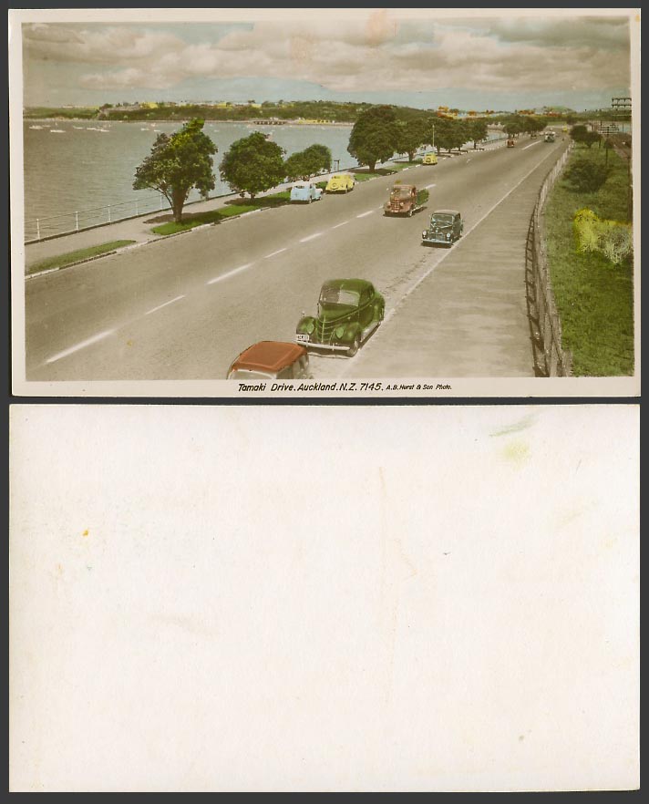 New Zealand Auckland Old Real Photo Postcard Tamaki Drive Street Scene Motor Car