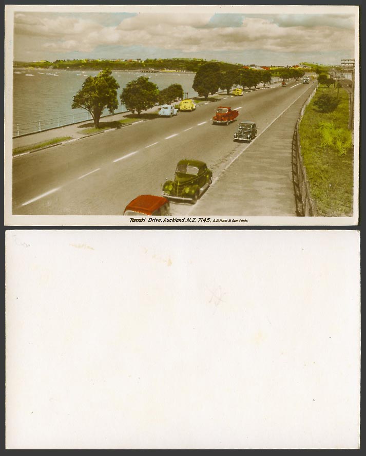 New Zealand Auckland Old Postcard Tamaki Drive, Street Scene, Vintage Motor Cars