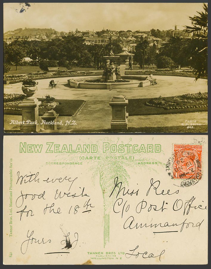 New Zealand GB KG5 1d 1924 Old Real Photo Postcard Auckland Albert Park Fountain