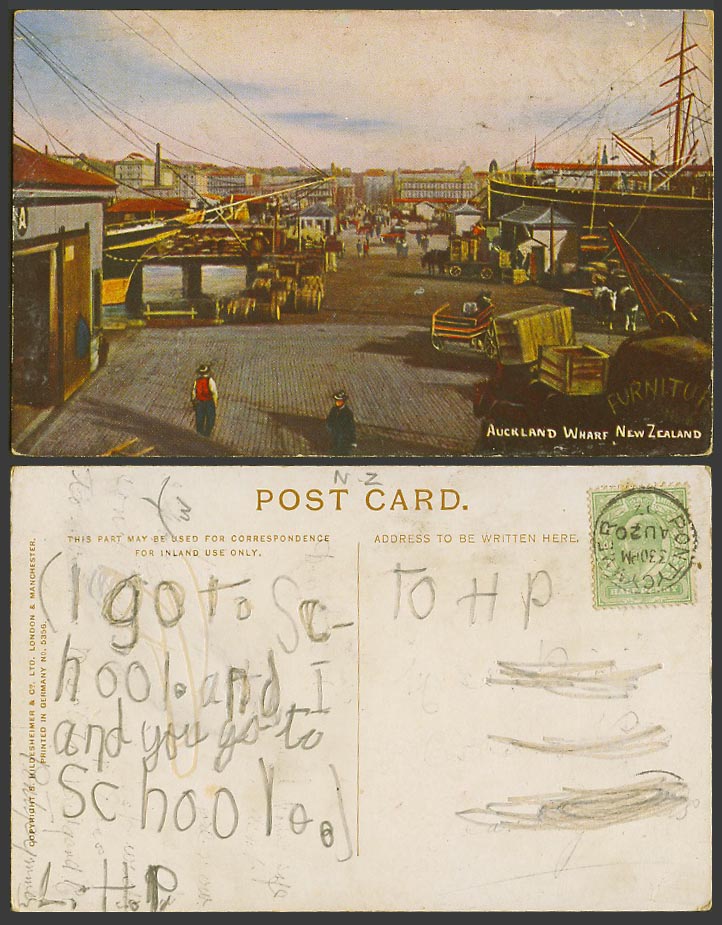 New Zealand 1907 Old Colour Postcard Auckland Wharf, Street, Ships Boats Harbour