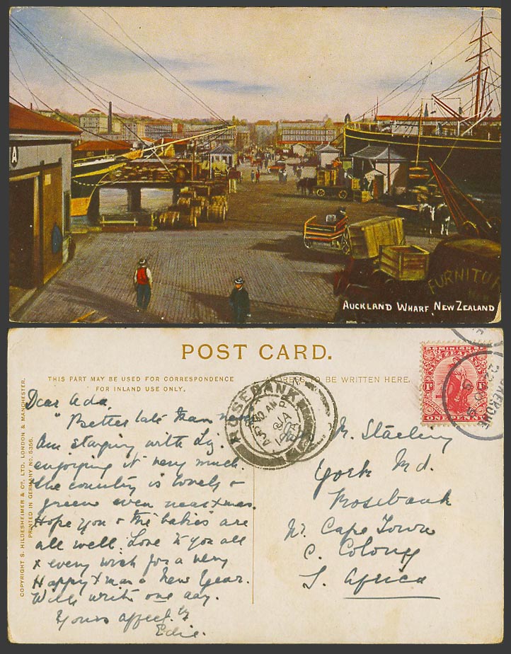 New Zealand 1d 1909 Old Colour Postcard Auckland Wharf Street Ships Boat Harbour