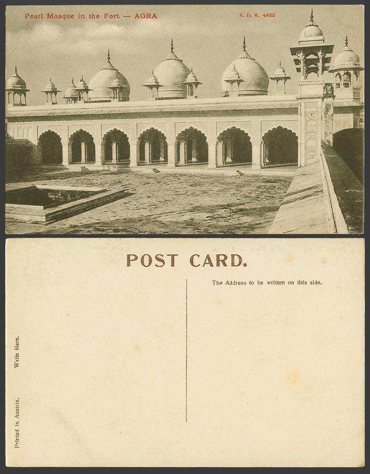 India Old Postcard Pearl Mosque in The Fort Agra, Fountain, Towers, S.D.M. 4422