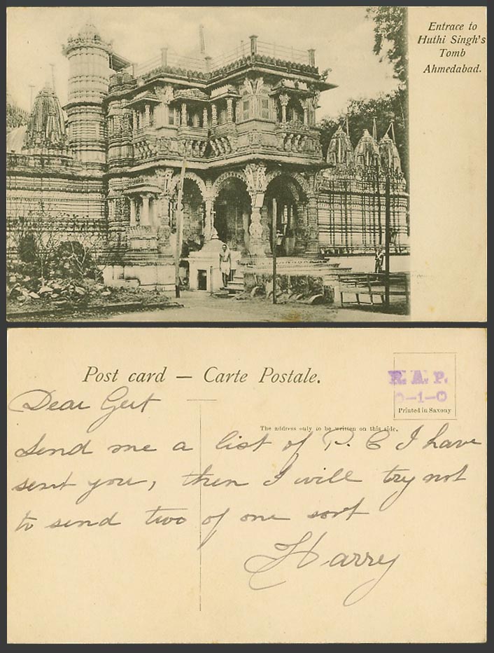 India Old Postcard Entrance to Huthi Singh's Tomb Ahmedabad A Man Stand on Steps
