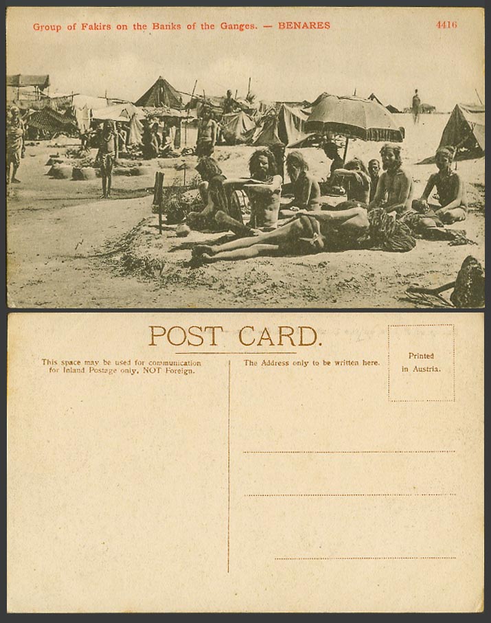 India Old Postcard Group of Fakirs on the Banks of the Ganges Benares Tents 4416