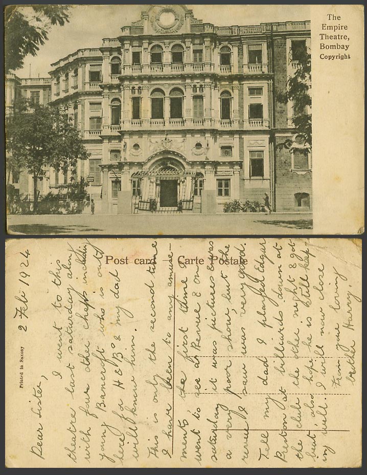 India 1924 Old Postcard Empire Theatre Bombay Theater Entrance Gate Street Scene