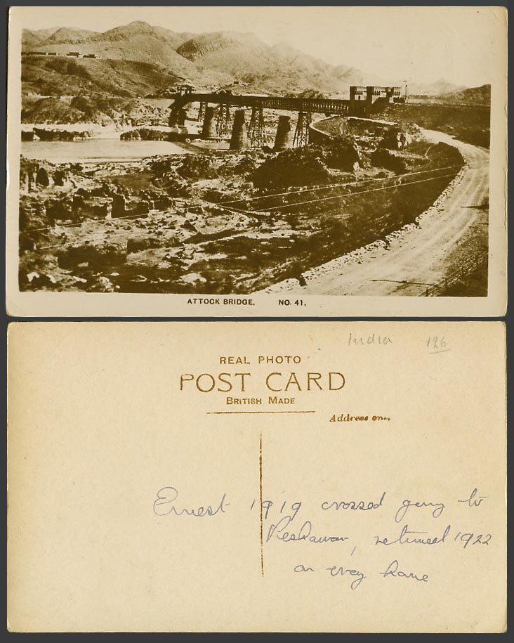 Pakistan Old Real Photo Postcard Attock Bridge, River Indus, Street Scene, No.41