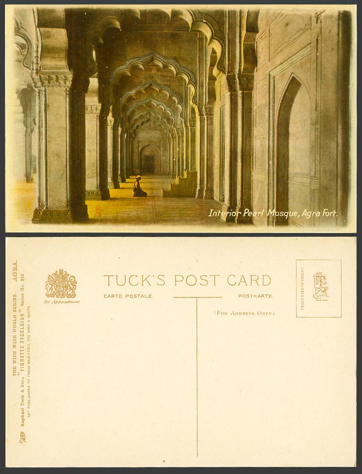 India Old Tuck's Postcard Interior of Pearl Mosque, Agra Fort, Native Prayer 952