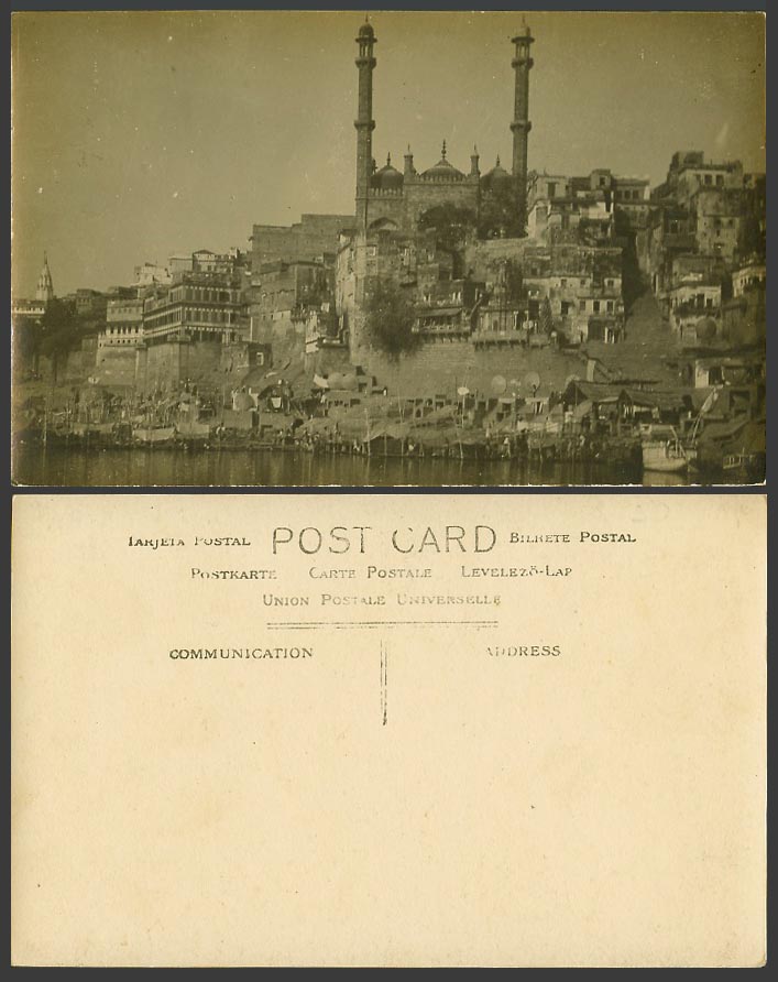 India Old Real Photo Postcard Panchaganga Ghat Benares, River Scene Boats Towers