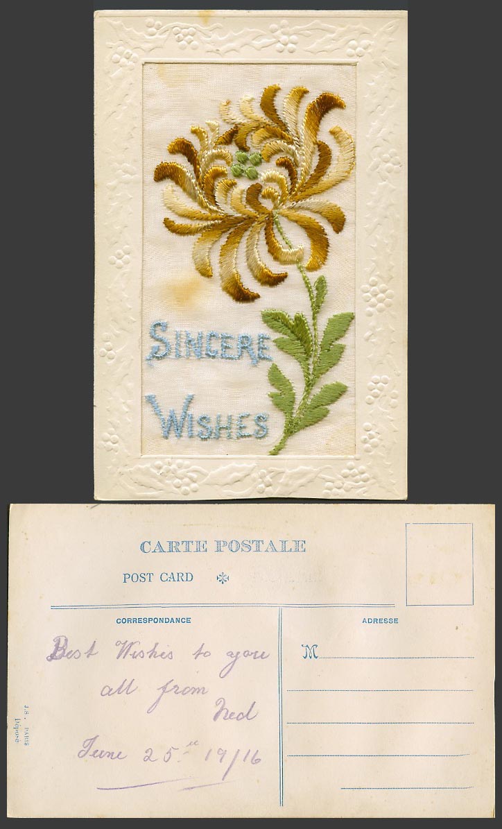 WW1 SILK Embroidered 1916 Old Postcard Sincere Wishes, Brown Flowers, J.S. Paris