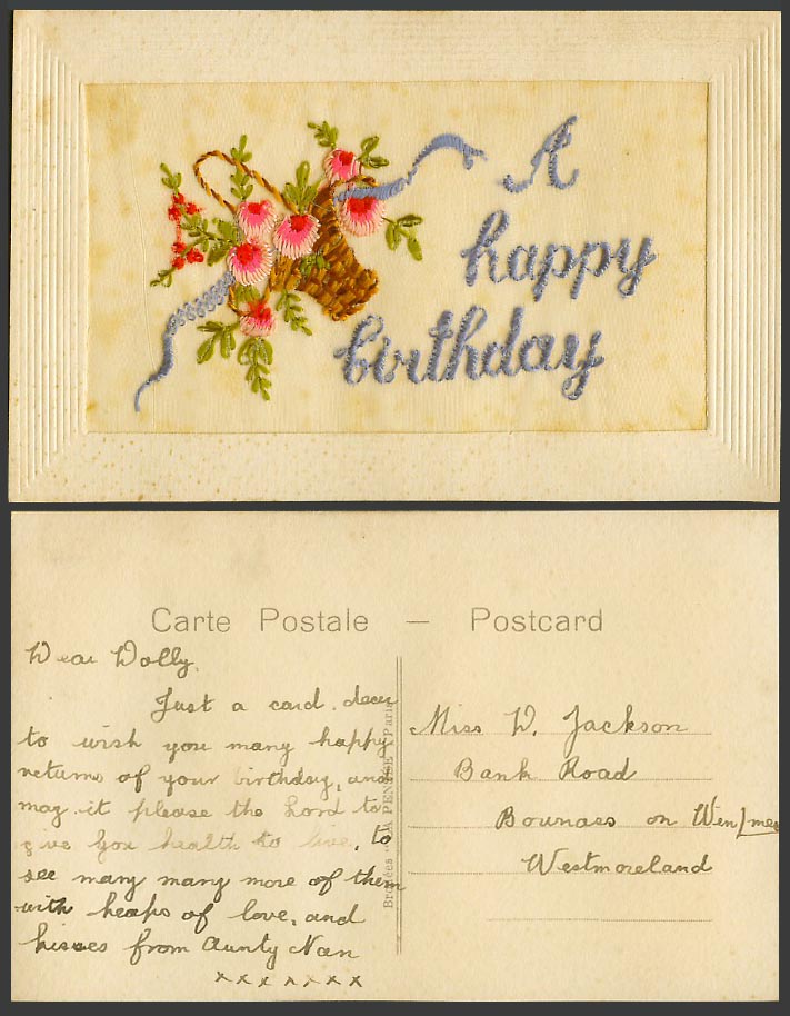 WW1 SILK Embroidered Old Postcard A Happy Birthday, Flowers in Basket, La Pensee