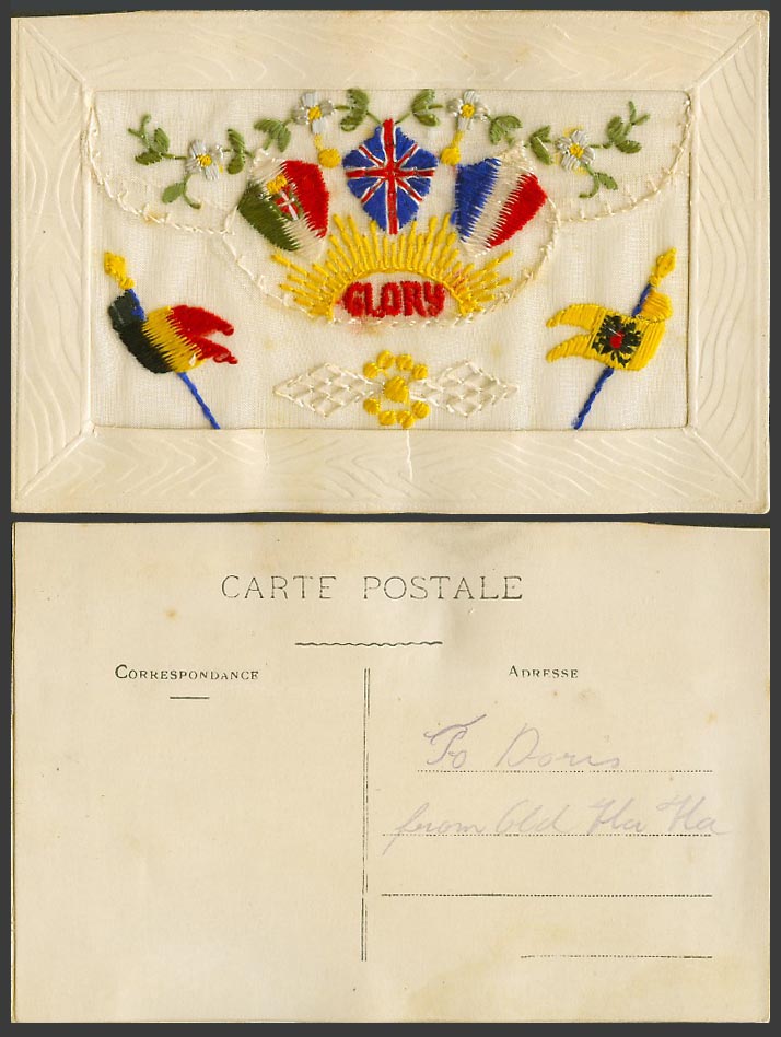 WW1 SILK Embroidered Old Postcard Glory Sun Rays Flags Coat of Arms Empty Wallet