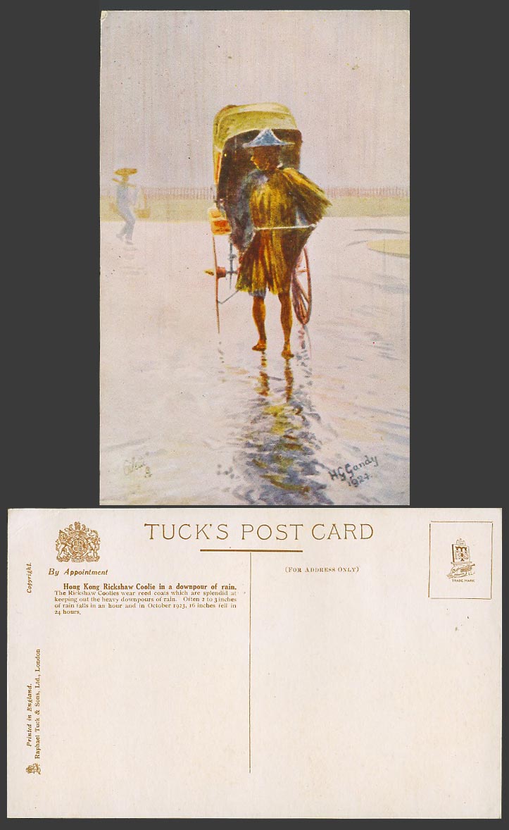 Hong Kong H G Gandy 1924 Old Tuck's Postcard Rickshaw Coolie in Downpour of Rain