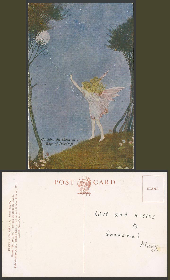 I R OUTHWAITE Old Postcard Fairy Girl Catching The Moon on a Rope of Dewdrops 72