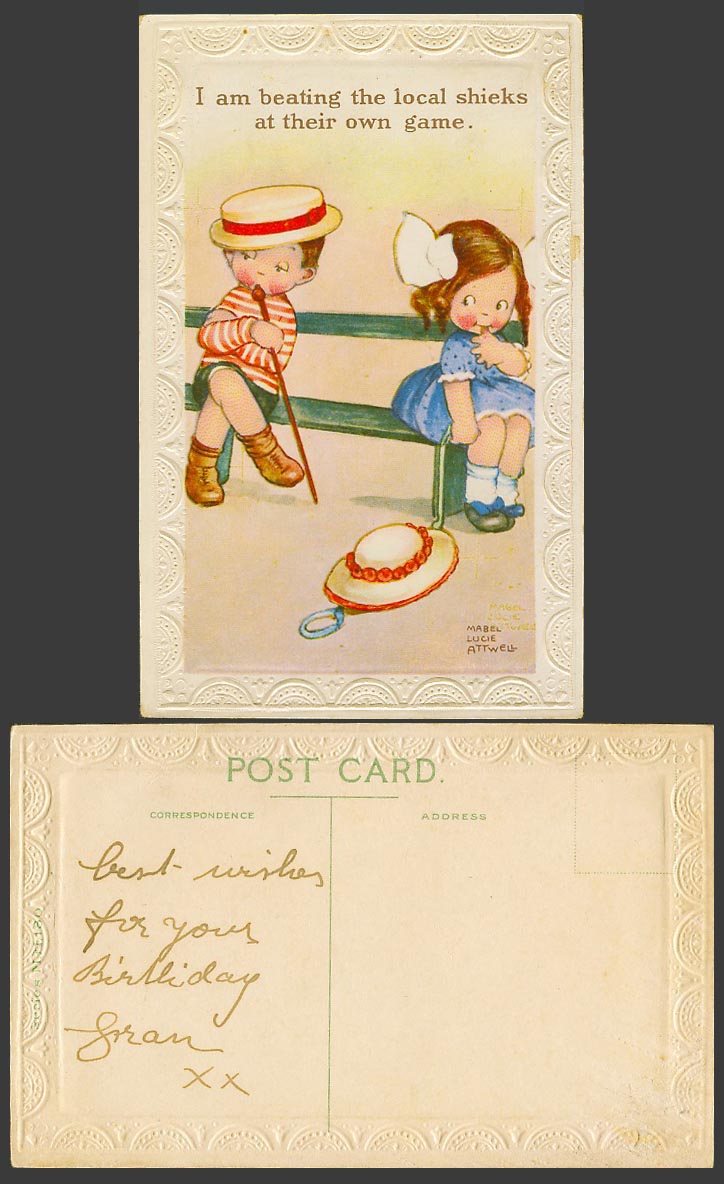 MABEL LUCIE ATTWELL Old Embossed Postcard Beating Local Shieks at Their Own Game