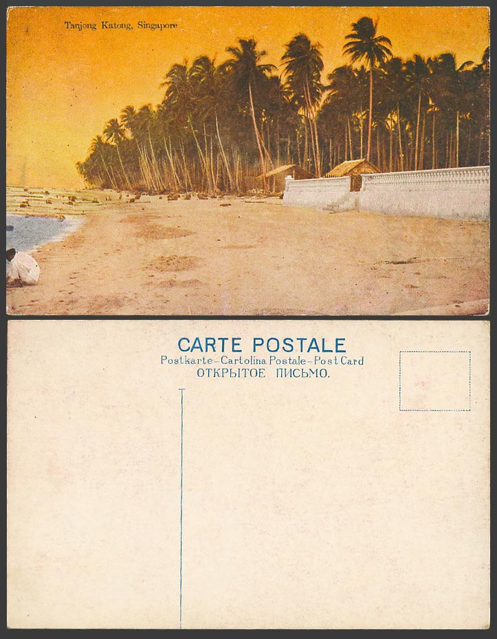 Singapore Old Colour Postcard Tanjong Katong, Beach Seaside, Palm Trees, Malaya