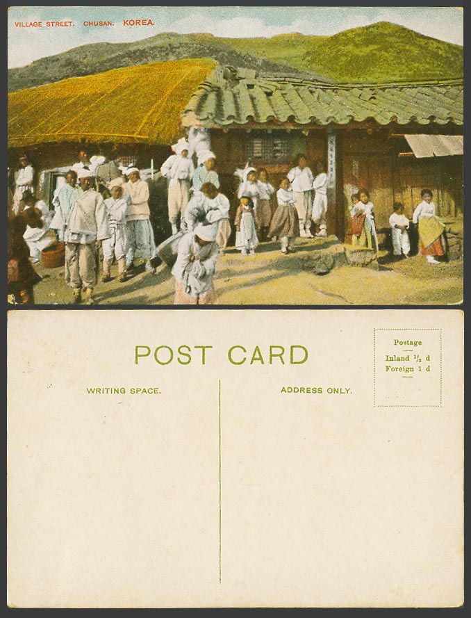 Korea Old Colour Postcard Village Street CHUSAN Korean Children Houses Boy Girls
