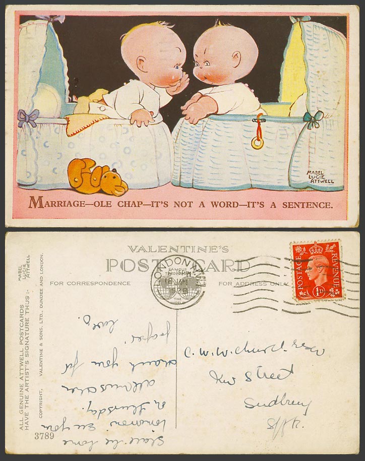 MABEL LUCIE ATTWELL 1938 Old Postcard Teddy Bear Twins Twin Babies Marriage 3789