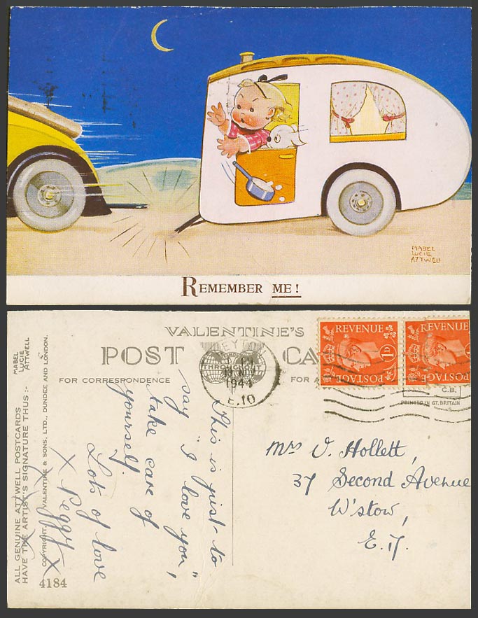 MABEL LUCIE ATTWELL 1944 Old Postcard Remember Me! Detached Caravan Car Dog 4184