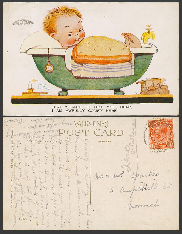 MABEL LUCIE ATTWELL 1928 Old Postcard Am Awfully Comfy Here in Bath Bathtub 1248