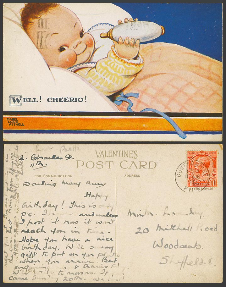 MABEL LUCIE ATTWELL 1933 Old Postcard Baby Holding Milk Bottle Well Cheerio 1584