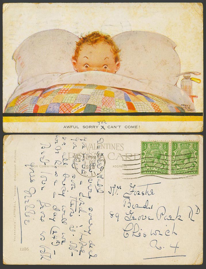 MABEL LUCIE ATTWELL 1928 Old Postcard Awful Sorry I Can't Come! Bed, Pillow 1286