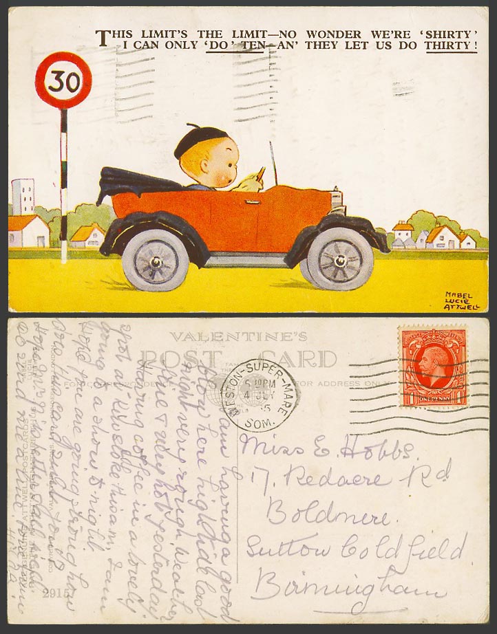 Mabel Lucie Attwell 1935 Old Postcard Speed Limit 30, I Can Only Do 10, Car 2915