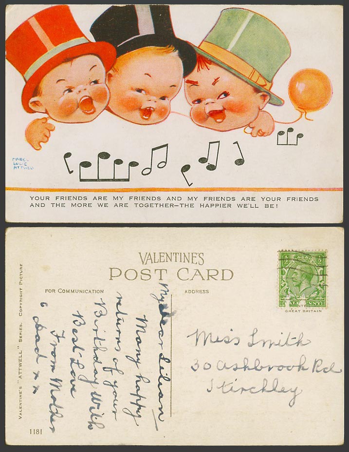 MABEL LUCIE ATTWELL Old Postcard Your Friends Are My Friends & Boys Singing 1181