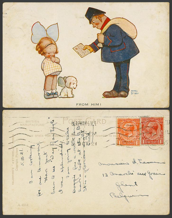 MABEL LUCIE ATTWELL 1921 Old Postcard From Him! Postman Letter to Girl Dog A4814