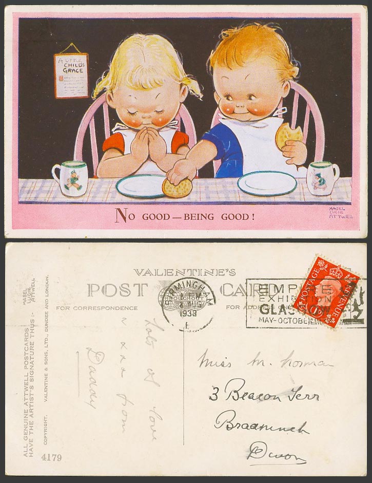 MABEL LUCIE ATTWELL 1938 Old Postcard No Good Being Good! Prayer Boy Steals 4179