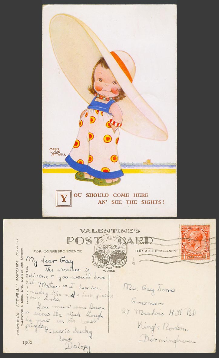 MABEL LUCIE ATTWELL Old Postcard You Should Come Here an See The Sights Hat 1960