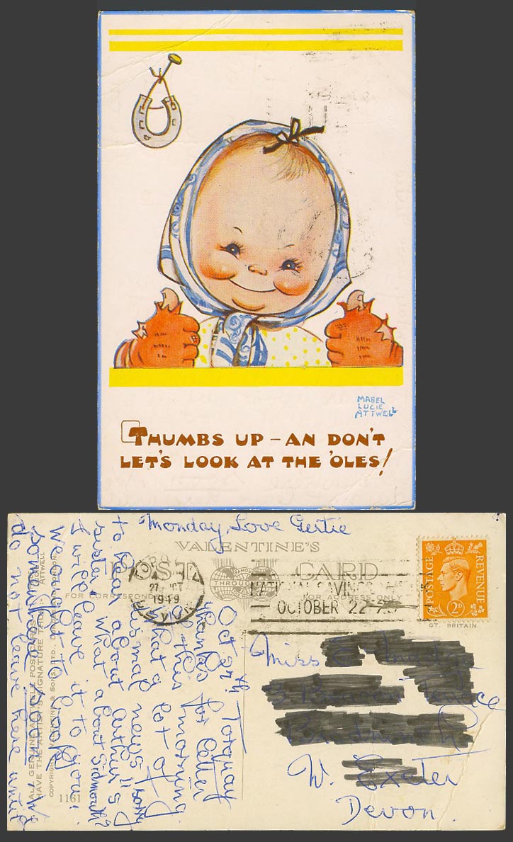 MABEL LUCIE ATTWELL 1949 Old Postcard Thumbs Up Look at The 'Oles Horseshoe 1161