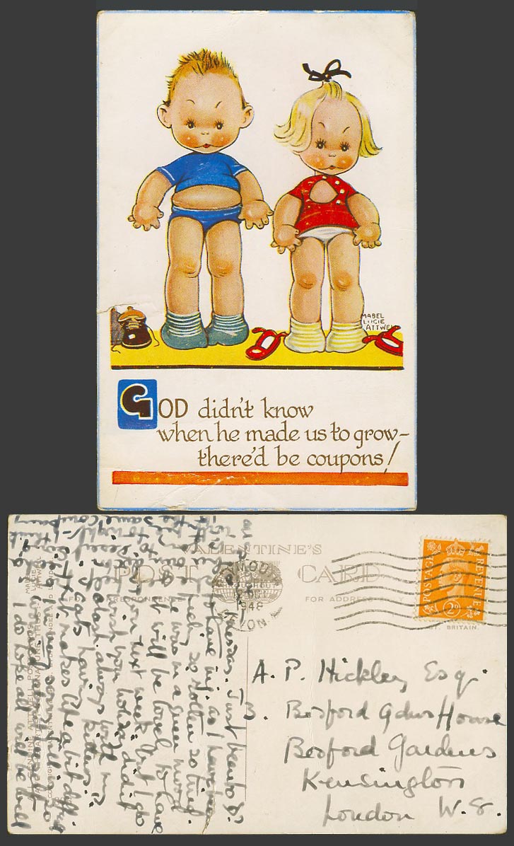 MABEL LUCIE ATTWELL 1948 Old Postcard Love Handles, God Made Us Grow Coupons 806