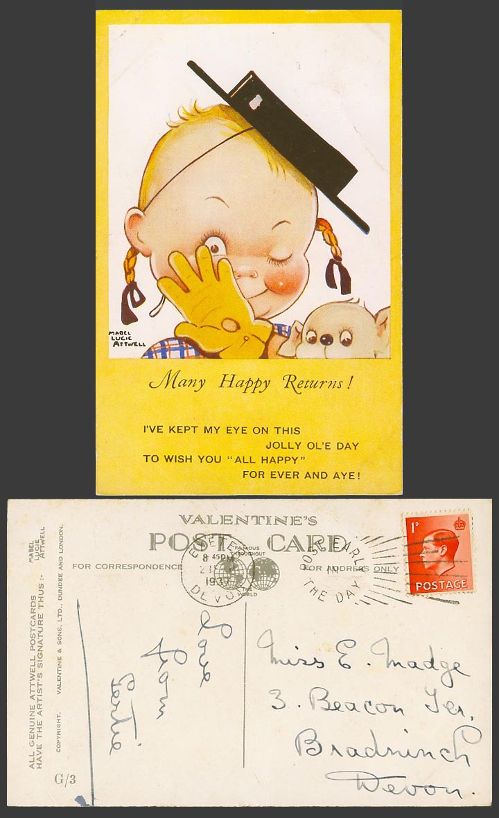 MABEL LUCIE ATTWELL 1937 Old Postcard Many Happy Returns For Ever & Aye! Dog G/3