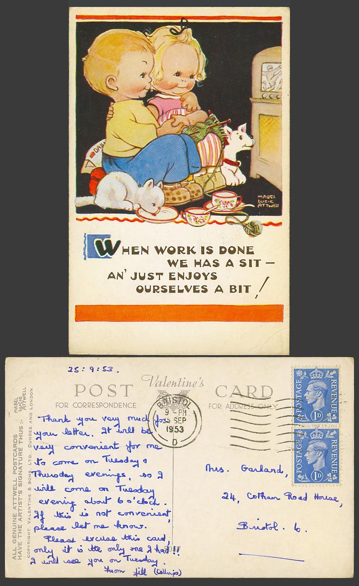 MABEL LUCIE ATTWELL 1953 Old Postcard Work is Done Enjoy Ourselves, Cat Dog 5057