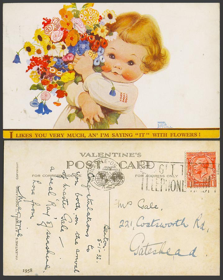 MABEL LUCIE ATTWELL 1932 Old Postcard I Like You Much I Say it with Flowers 1958