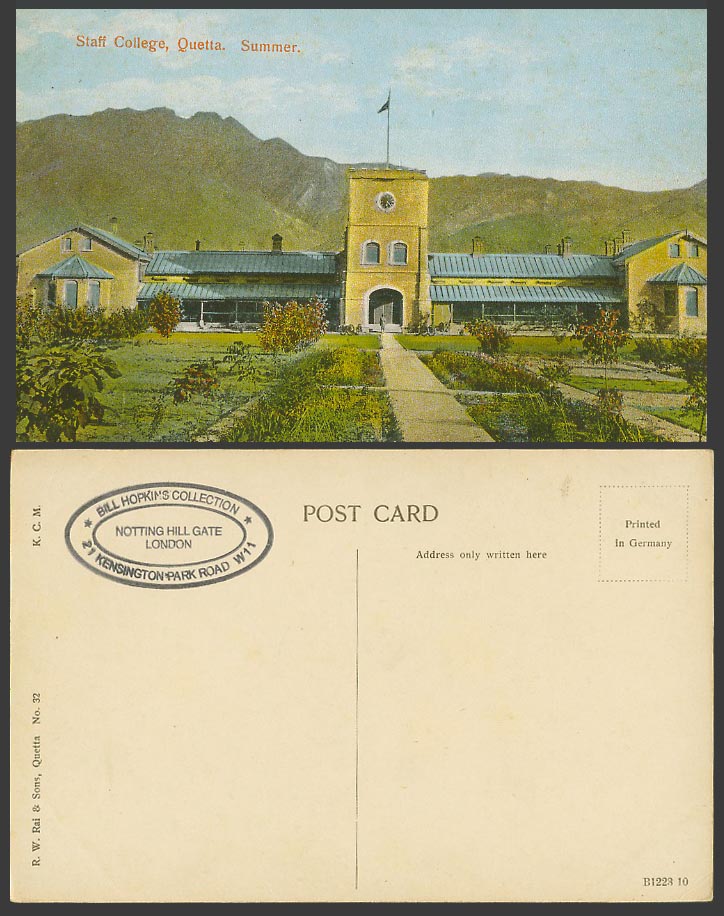 Pakistan Old Colour Postcard Staff College QUETTA Summer Clock Tower Hill Garden