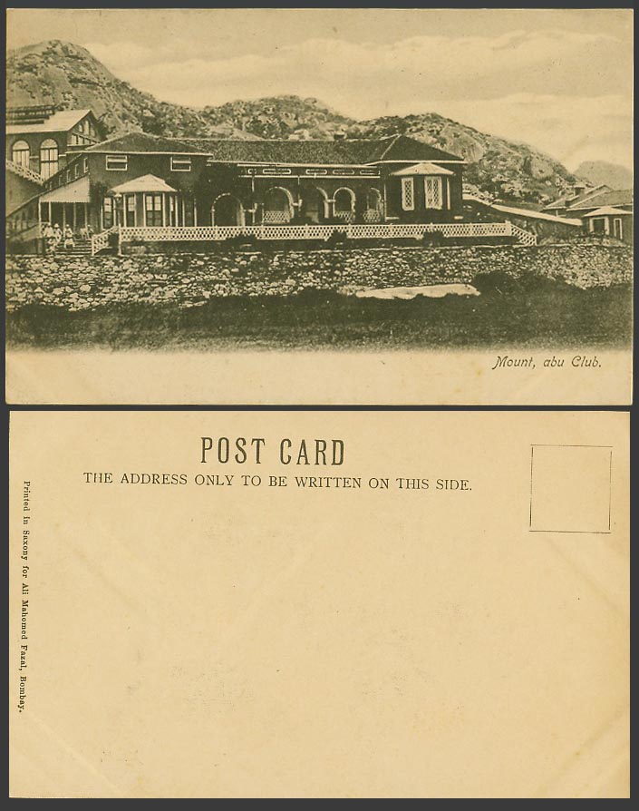 India Old UB Postcard Mount Aboo Abu Club, Building Mountains Hills Men on Steps