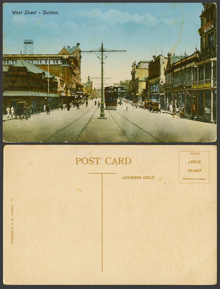 South Africa Old Colour Postcard Durban, West Street Scene, TRAM, Central Hotel