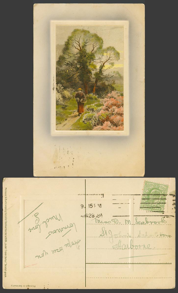 Woman Lady In The Free Nature In der freien Natur, Flowers Art 1908 Old Postcard