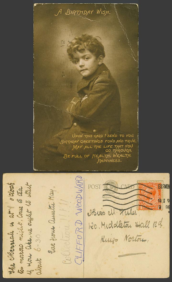 Little Boy Child A Birthday Wish Greetings Fond and True Health KG5 Old Postcard